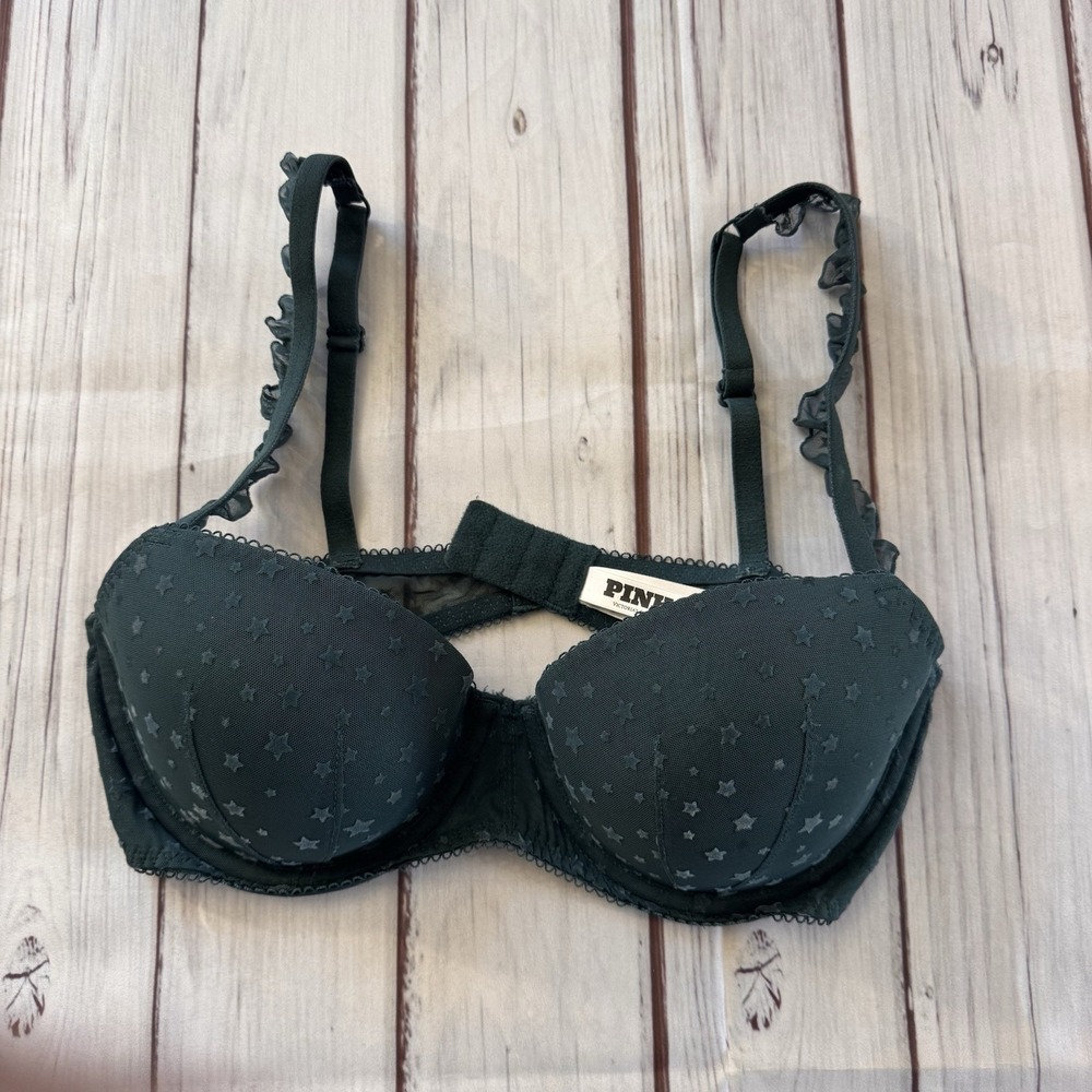 Victoria's Secret PINK Wink‎ Push-Up Balconette Bra Size 34D Flock Star Forest
